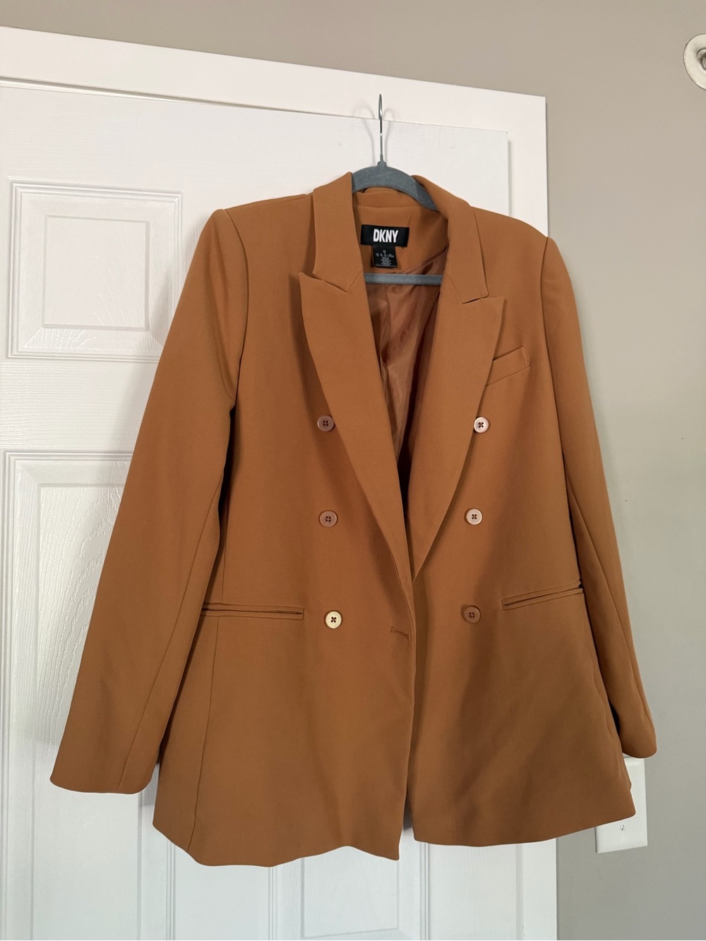 DKNY Camel Brown Gold Button Double Breasted Blazer Coat - Picture 2 of 8